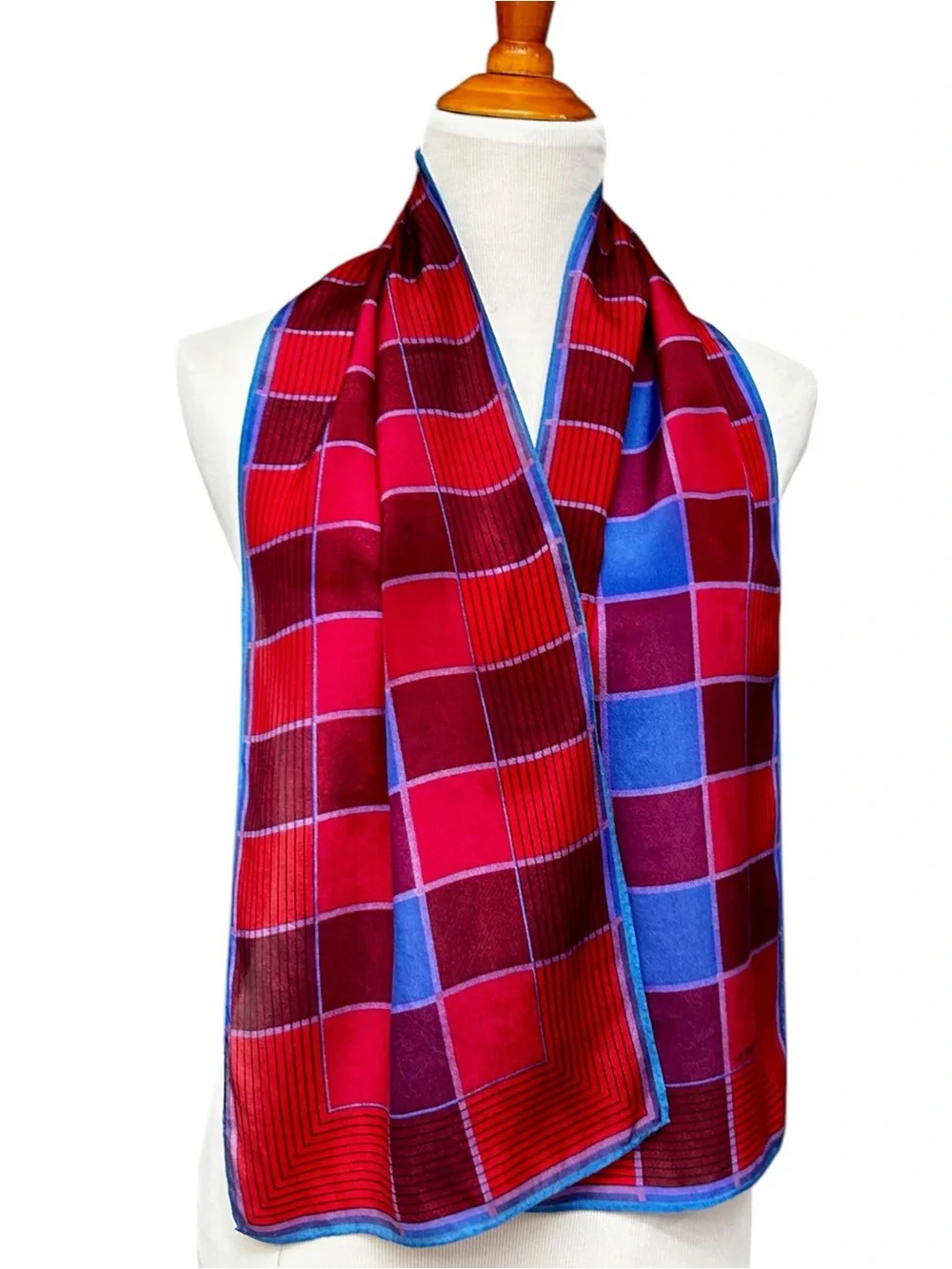 Liz Claiborne Silk Geometric Plaid Oblong Scarf Red Blue Purple Retro Fall Scarf
